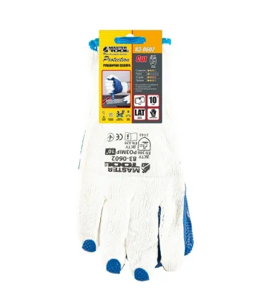 Rukavice pracovní MASTERTOOL 83-0604 z bezešvé pletené bavlny s přírodním latexovým povrchem, ochranou kloubů žlutá/modrá 10,5"